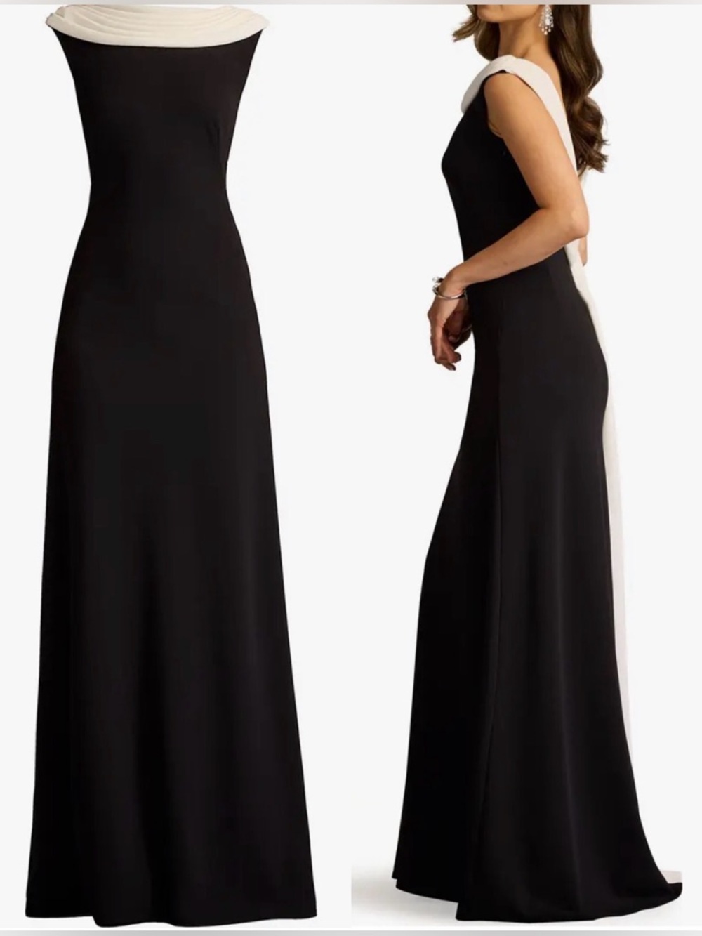 NEW TADASHI SHOJI Plaza V-Back Drape back Crepe Black/ Ivory Gown sz S - Picture 2 of 9